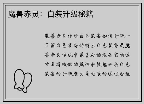 魔兽赤灵：白装升级秘籍